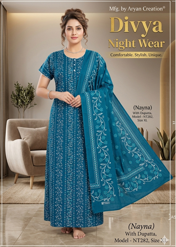 Cotton flower print, XL size, Blue colour Dupatta set Nighty for women