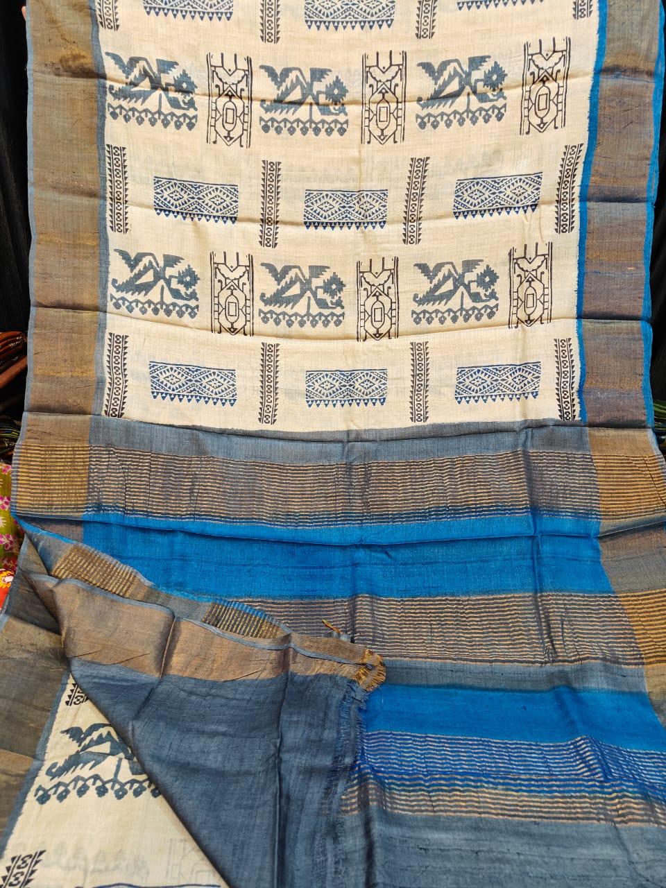 Hand block printed Tussar sarees