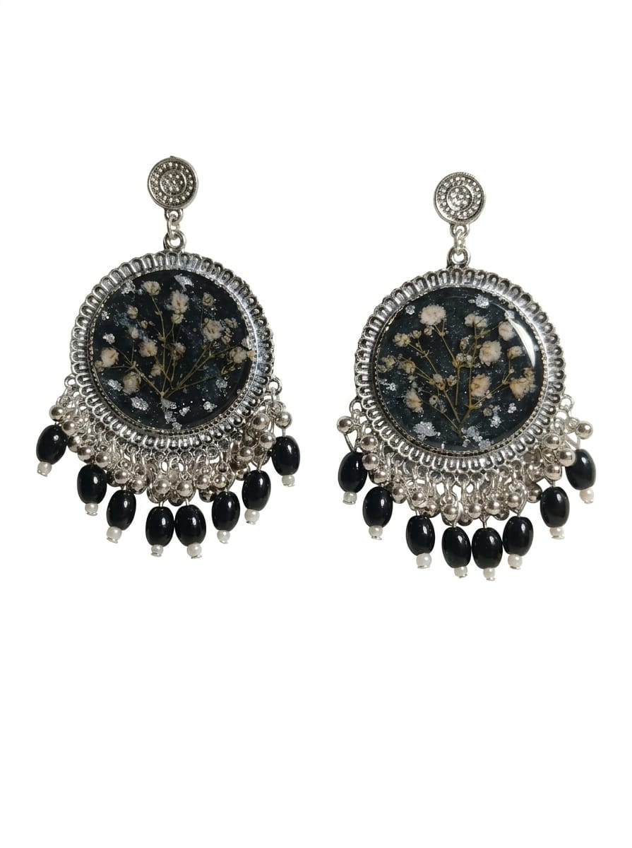 Black Silver Gypsy Flowers Resin Earrings/Silver Oxidised