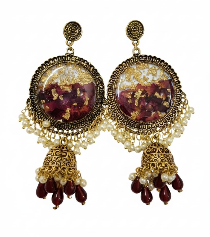 Bridal Special Rose Patels Jhumki Resin Earrings Base Metal Alloy Golden Colour