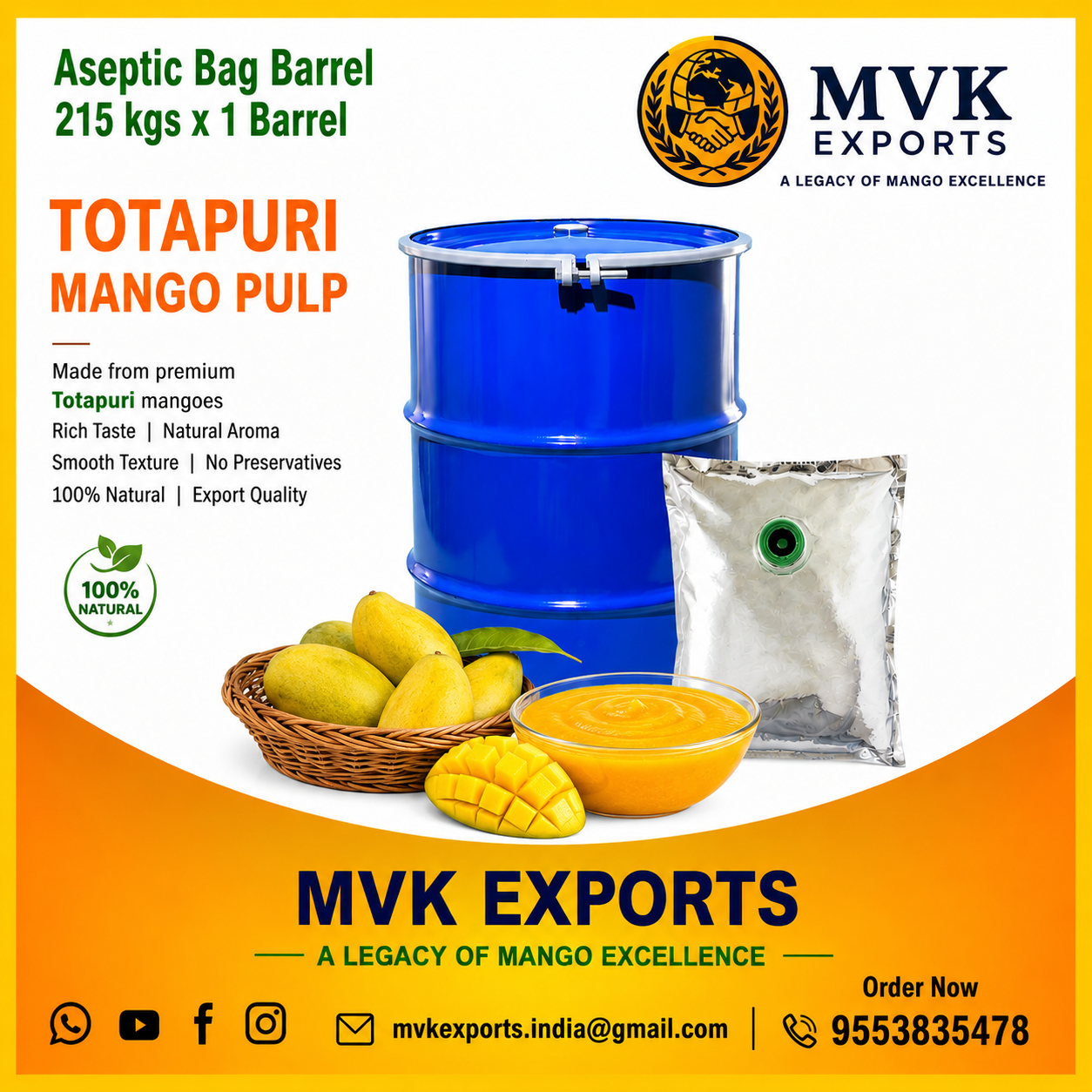 Totapuri Mango Pulp 215 kg Aspetic bag 