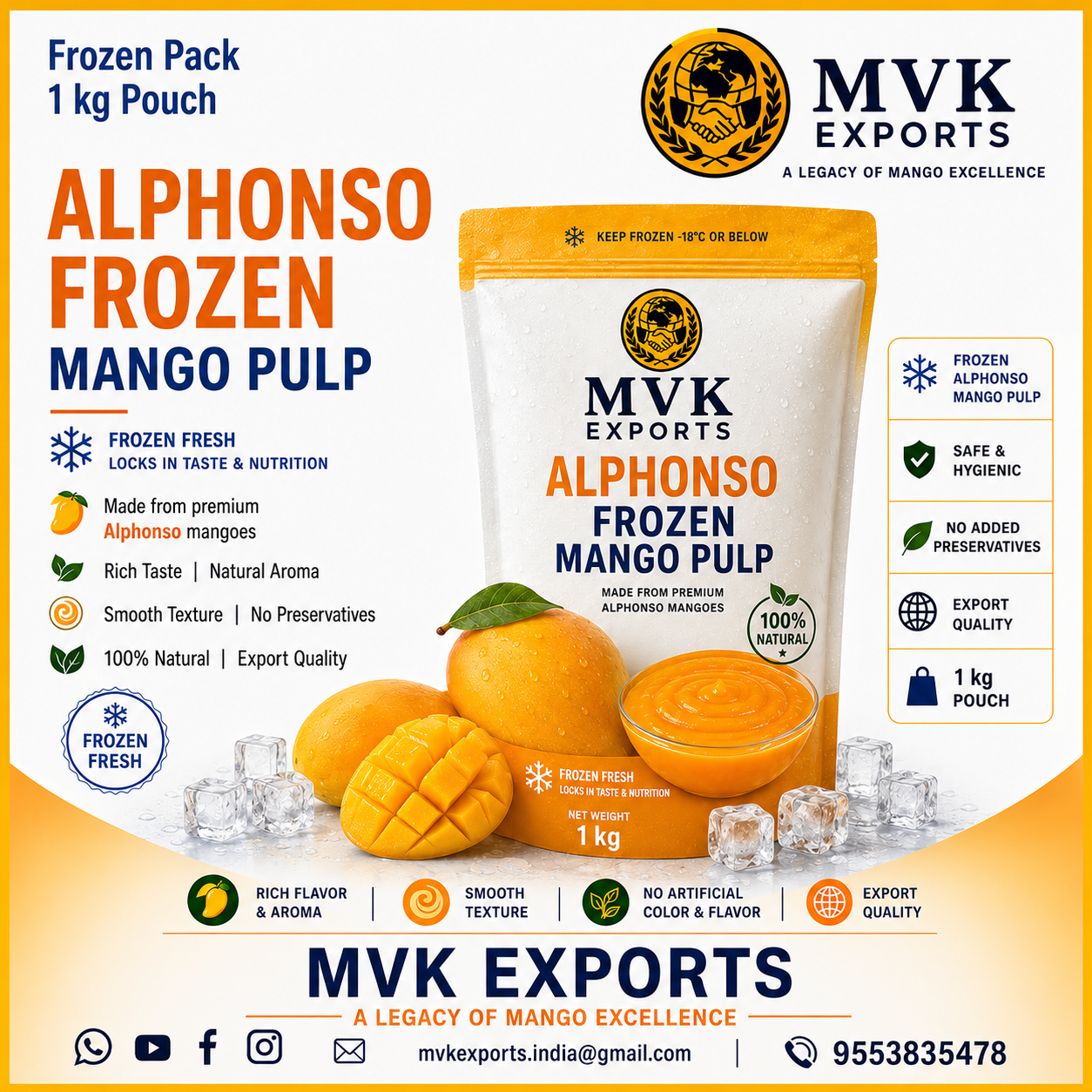 Alphonso Frozen Mango Pulp – 1 kg Pouch