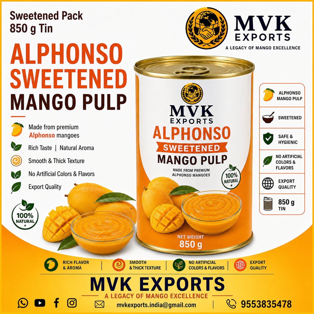 Alphonso Sweetened Mango Pulp – 850 g Tin