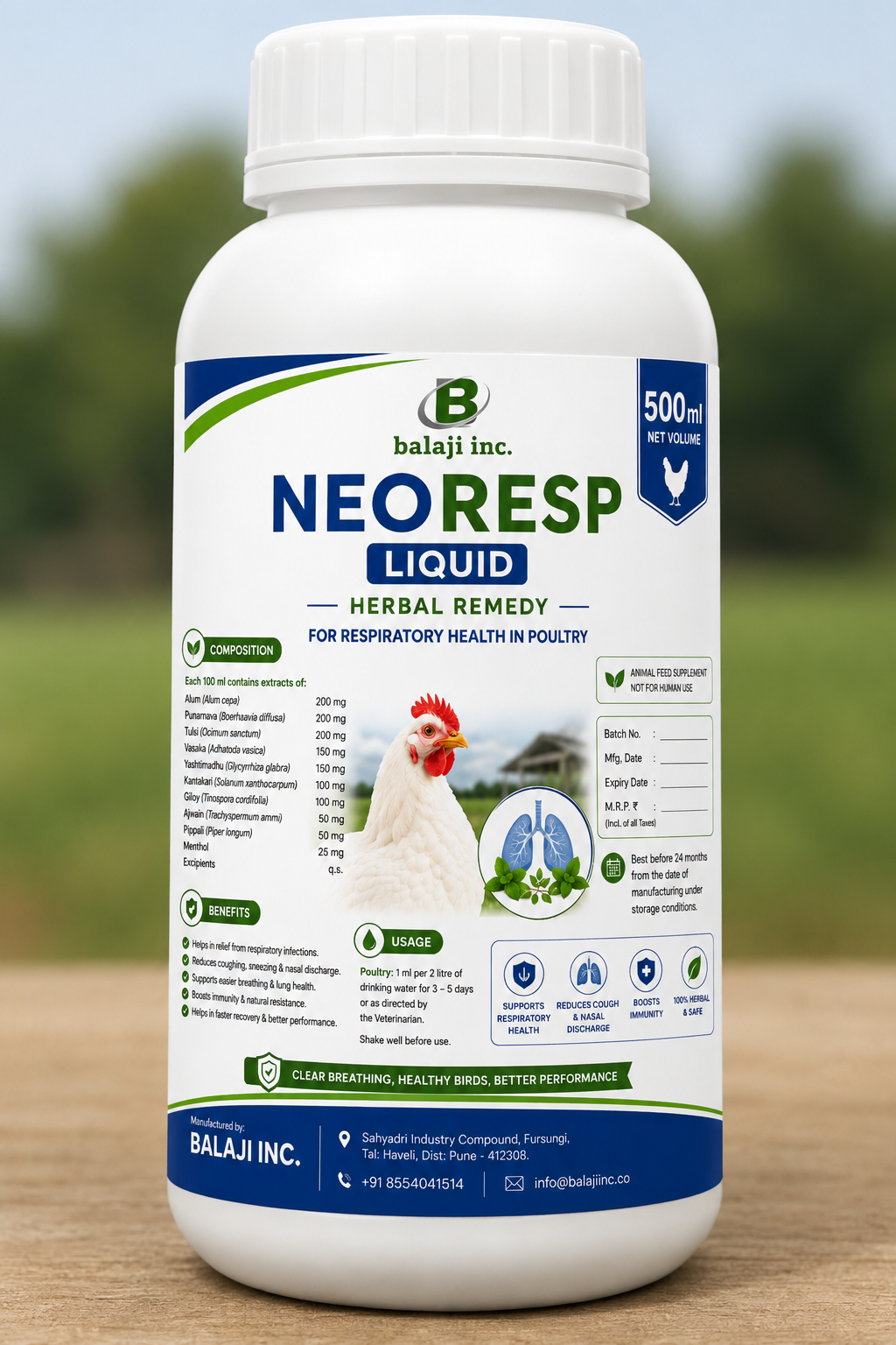 Neoresp Liquid Herbal 500ml - Natural Respiratory Health Supplement for Poultry