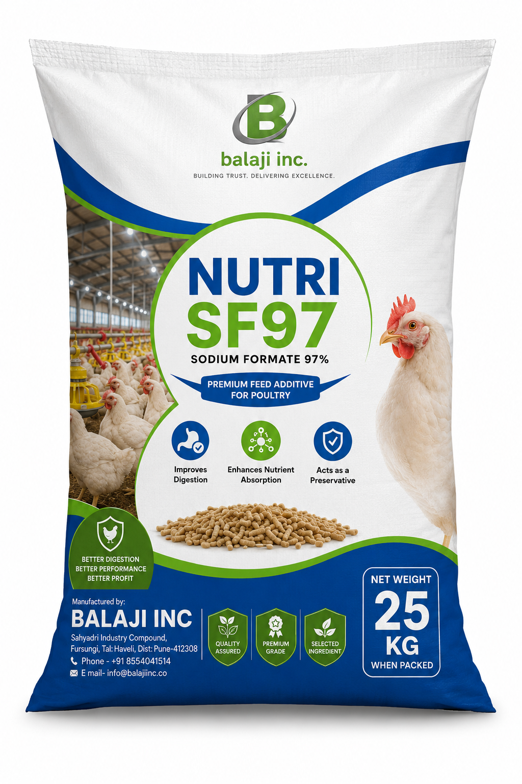 Nutri SF97 - Sodium Formate 25kg Feed Preservative & Gut Health Enhancer for Poultry