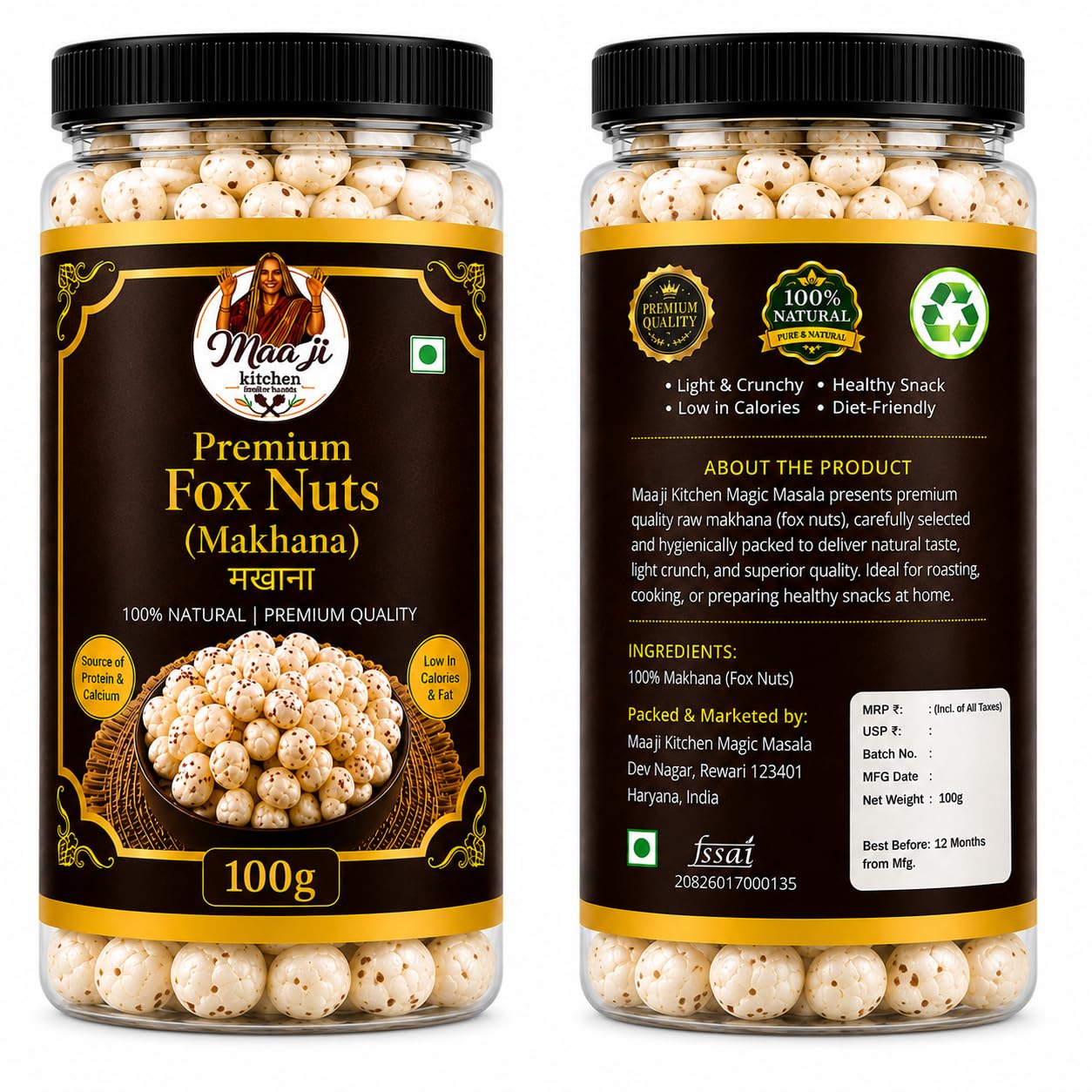 Maa Ji Kitchen Premium Jumbo Fox Nuts (Makhana) Plain & Fresh 100g Jar