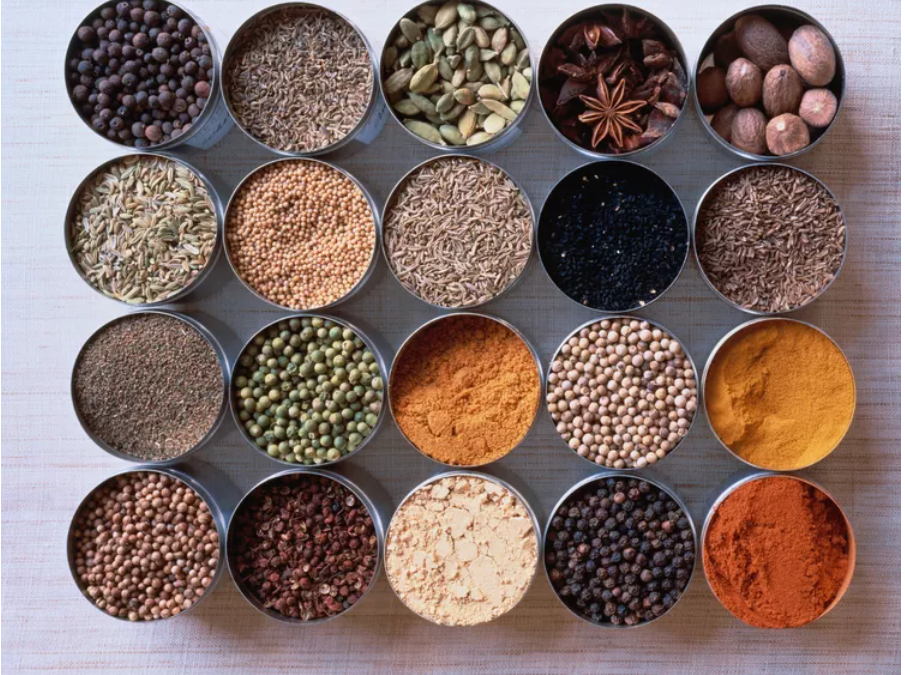 Raw-Turmeric(Haldi), Cumin seeds(jeera), Red Chilli(Lal Mirch), Mustard seeds black (Rai), Coriander (Dhaniya)