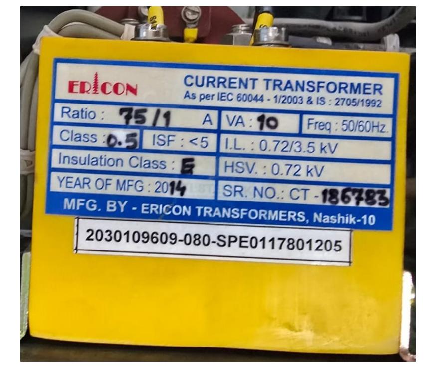 CURRENT TRANSFORMER. RATIO:  75/1A. VA:10. FREQ: 50/60 HZ.  CLASS: 0.5.ISF: <5. I.L.:0.72/3.5  KV. INSULATION CLASS: E. HSV.:  0.72 KV MANUFACTURER: ERICON TRANSFORMERS