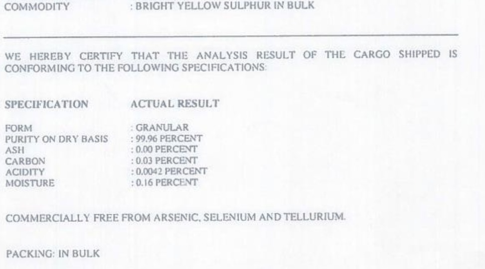 BRIGHT YELLOW SULPHUR IN BULK